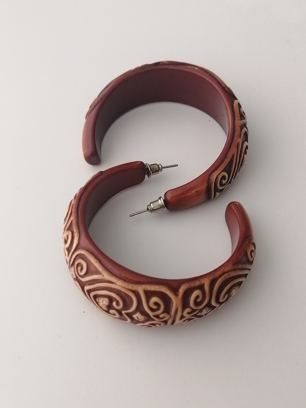 Bohemian Chunky Molded Plastic Faux Carved Wood Heart Rune Earrings